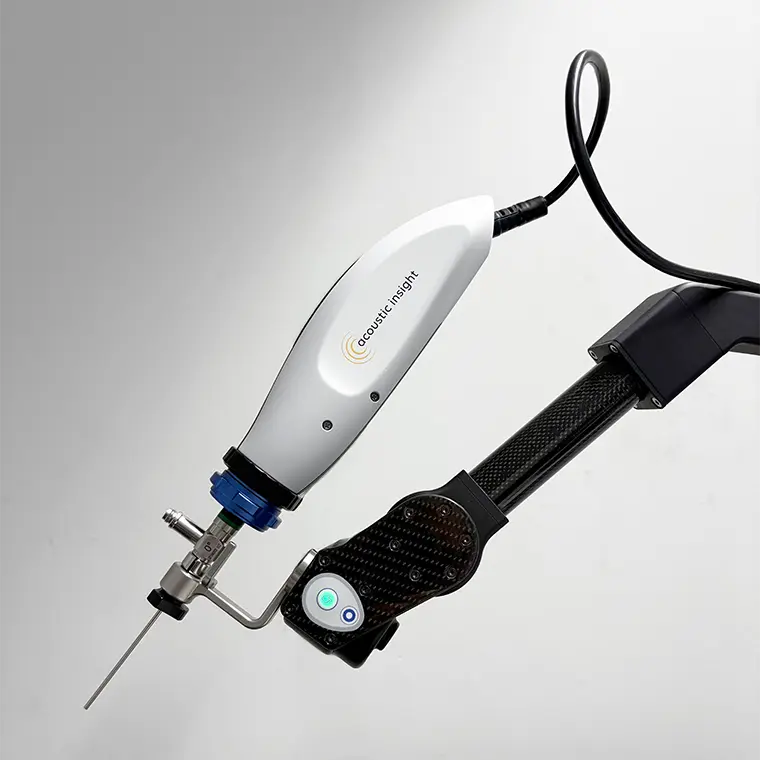 22-3_Design-and-engineering-of-surgical-endoscope_on-support-arm Surgical endoscope demonstrator on arm, part of prototype testing by Studio Rotor for medical device manufacturer.